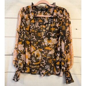 O.P.T. Floral Smocked Blouse Orange Black Gold Lurex Boho Top M Boho Peasant